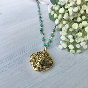 Turquoise and gold rosary mother Mary necklace